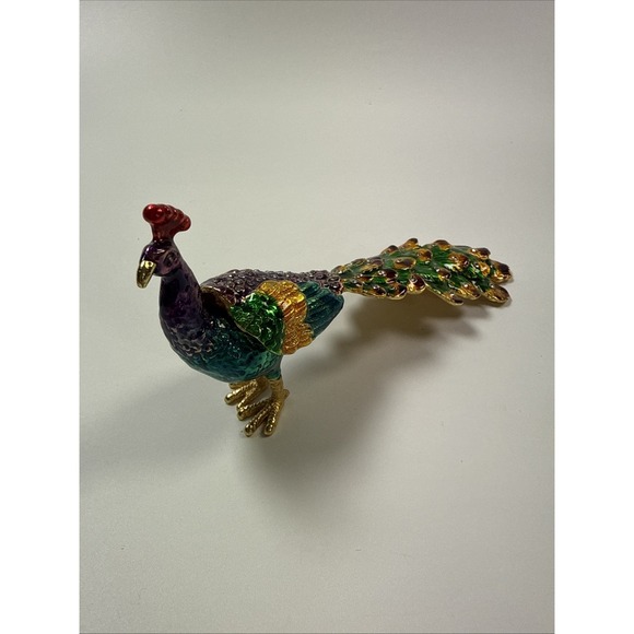 The Unbranded Brand Other - Peacock Trinket Box Jeweled Enameled Metal Hinged Figurine Tavuz Kusu